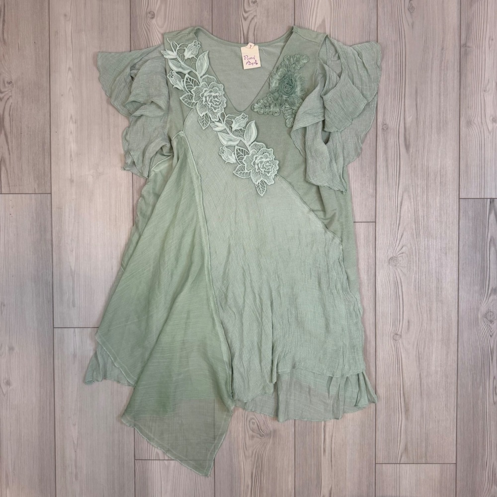 Pretty Angel Sage Green Floral Lace Ruffle Sleeve Asymmetrical Tunic Top Large